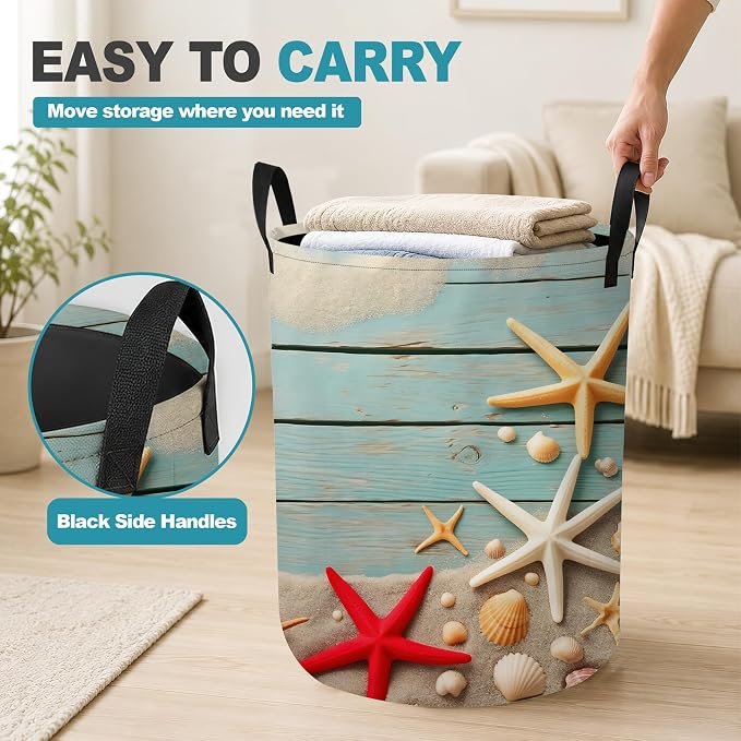 Starfish Seashell Collapsible Laundry Hamper,Blue Coastal Beach Waterproof Oxford Cloth Clothes Basket with Handles for Bathroom Bedroom Nursery Dorm Room,16" x 20"