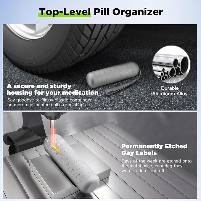 Zannaki Metal Moisture Proof Weekly Pill Organizer, Stackable Aluminum Alloy BPA Free Travel Hiking 7 Day Pill Box Case Waterproof and Large Compartment to Hold Pills, Vitamins, Fish Oil, Supplements