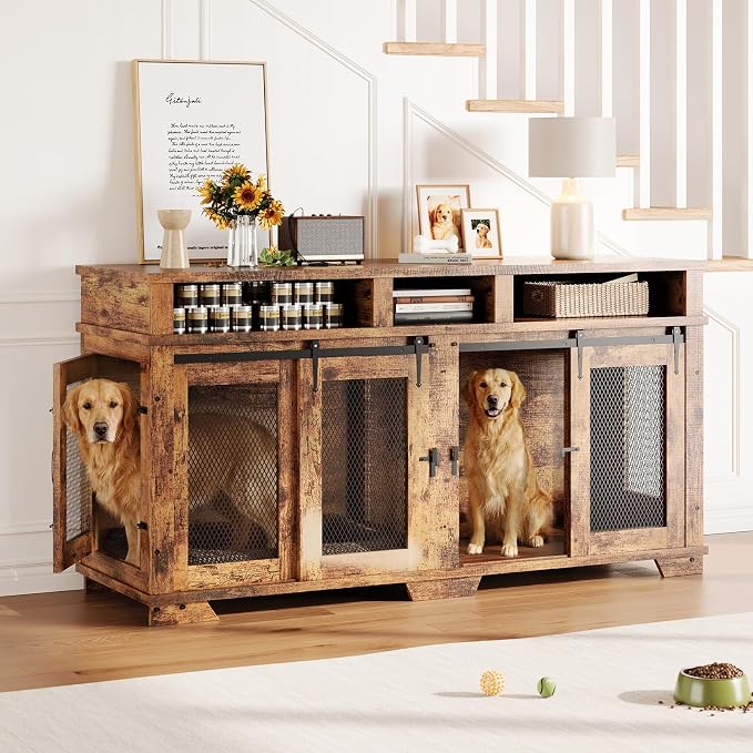 Garvee 71'' Dog Crate Furniture for 2 Dogs, Extra Large Double Dog Kennel Indoor with Removable Divider and Storage Drawers, Wooden Dog Crate TV Stand for Large Medium Dogs