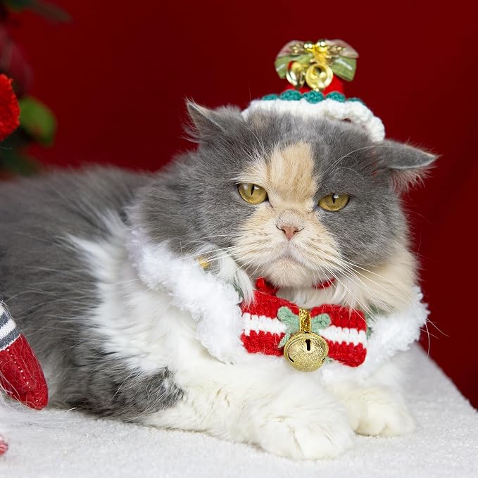 Christmas Dog Costume, Handmade Cat Holiday Outfit with Christmas Tree Hat & Wreath Scarf Set, Adjustable,Lightweight & Breathable,Pet Accessories for Rabbits Xmas Party & Photos