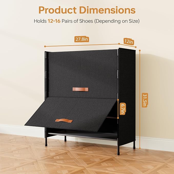 4-Tier Shoe Storage Cabinet with Fabric Cover, Hard Flip Doors, Holds 12–16 Pairs, Enclosed Dustproof Shoe Rack Organizer for Entryway, Closet & Bedroom, Shoe Shelf, Black, 27.8" x 12.0" x 31.5"