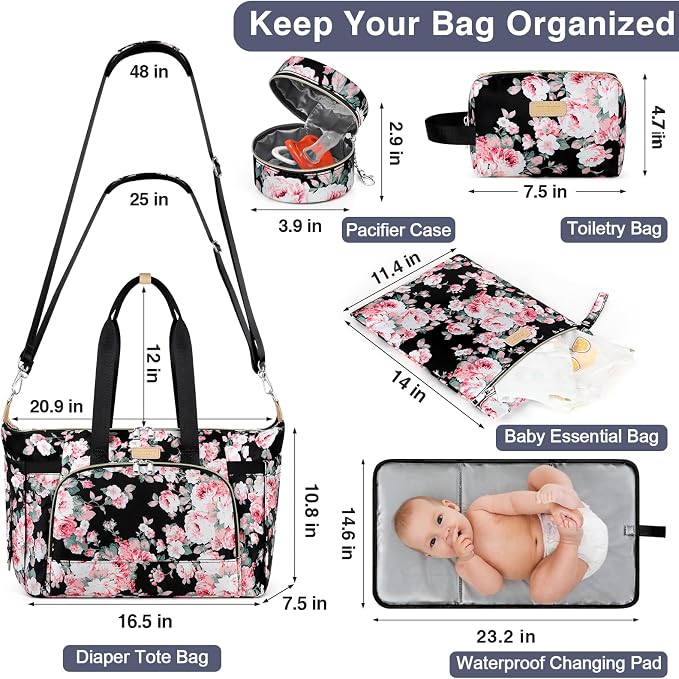 Diaper Bag Tote for Baby 7PCS, Large Mommy Bag with Portable Changing Pad | Multifunctional Hospital Bags for Labor and Delivery with Pacifier Case and Organizer Pouches,Travel Baby Bag for Boy Girl