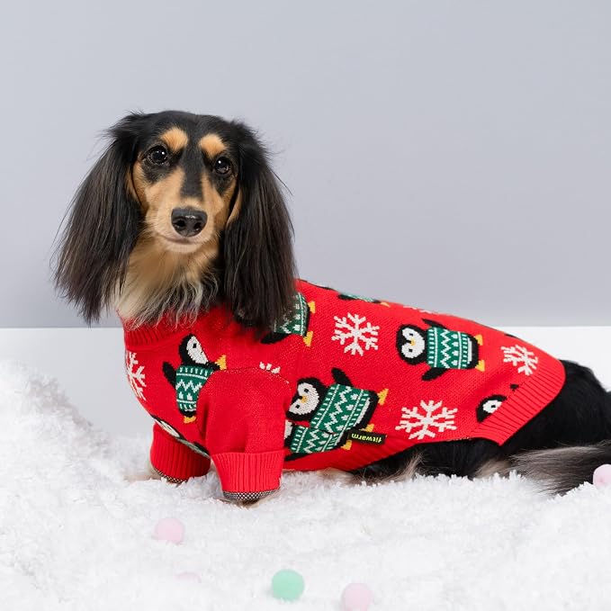 Fitwarm Funny Penguins Dog Ugly Christmas Sweater, Winter Dog Clothes for Small Dogs Girl Boy, Pet Xmas Outfit, Green, Red, White, Medium