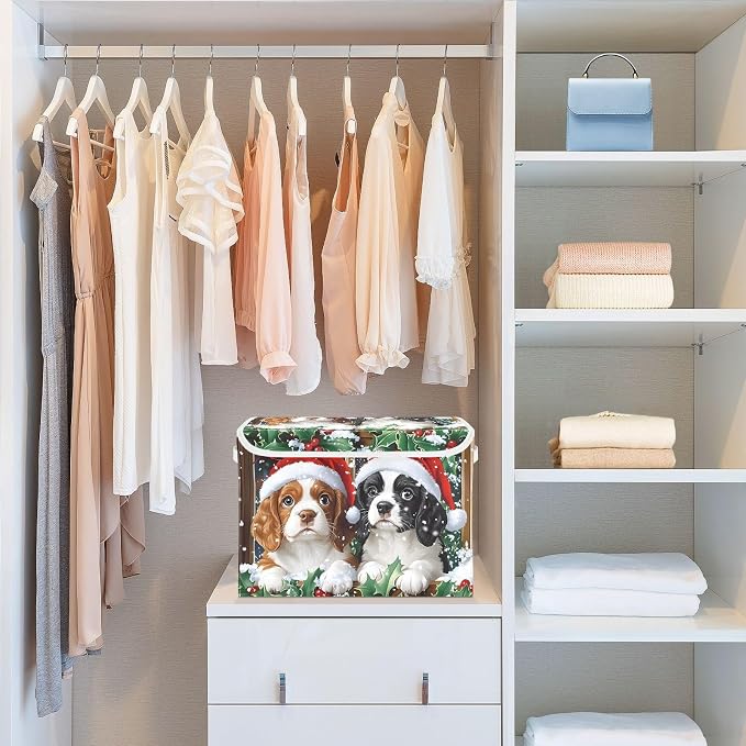 Fabric Storage Bins with Lid Christmas Dog Closet Storage Basket 40L | Decorative Storage Boxes, Foldable & Stackable, Dust-Proof Flip Top, Reinforced Handles, For Home & Dorm, Clothes & Toy Box