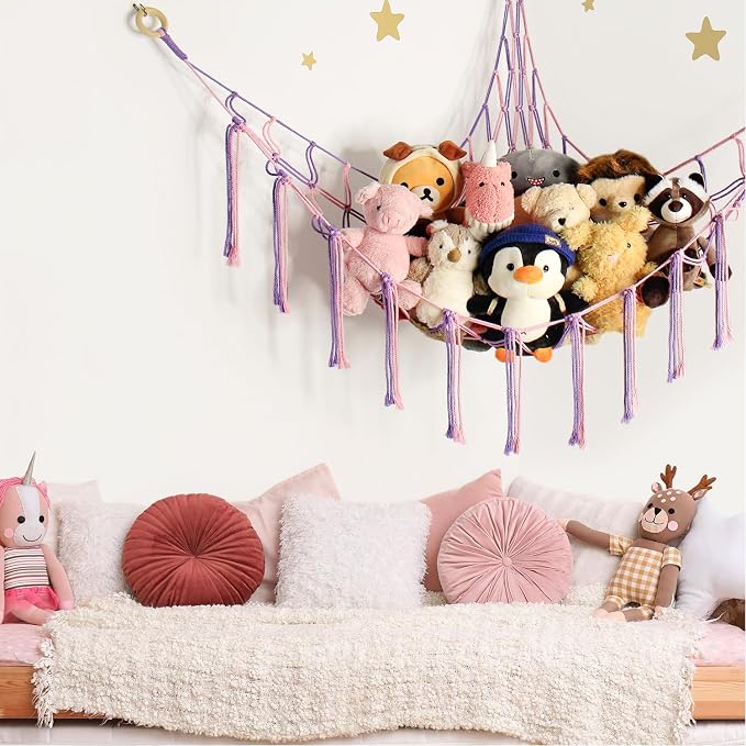 mirolam Large Stuffed Animal Hammock Corner Net for Toys Storage Hanging Stuff Animal Organizer Holder Pink Purle Girls Room Bedroom Boho Nursery Decor