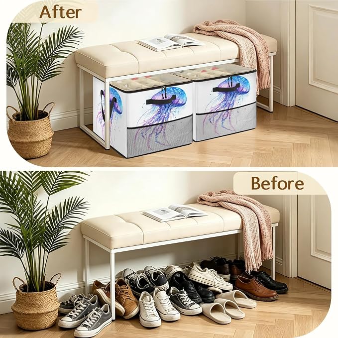 TropicalLife Jellyfish Shoe Organizer for Closet | Fantasy Sea Animals Foldable Shoe Storage Organizer Box Bin with Adjustable Dividers and Clear Cover, Fits up to 16-32 Pairs