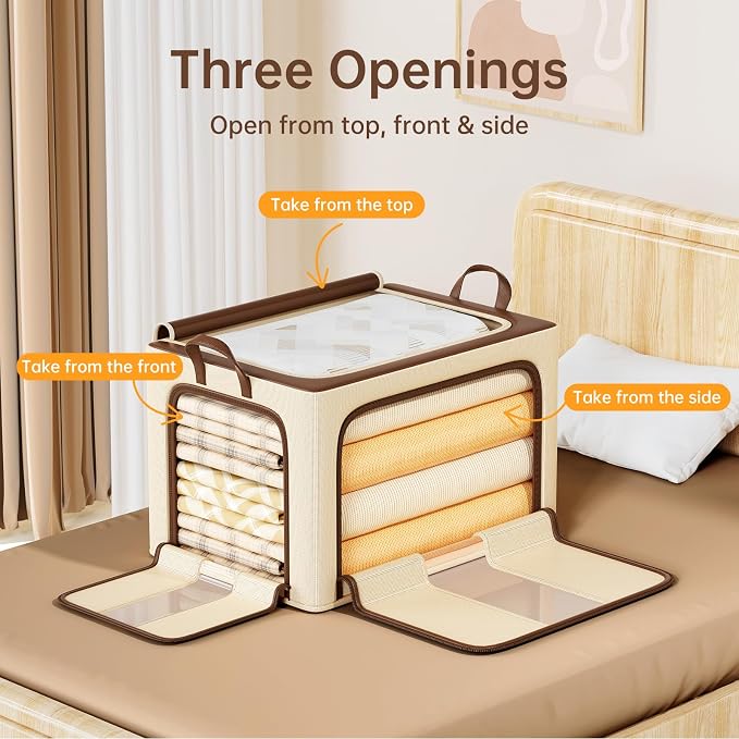 Clothes Storage Bins, 3 Openings, 100L, Brown | Metal Frame