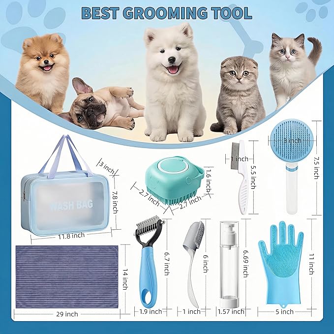 9PCS Dog Bath Kit & Dog Brush Kit - Professional Pet Grooming Tools Set for Dogs & Cats, Includes Shedding Brush, Bath Scrubber & Dematting Combs - Complete Dog Washing Essentials Blue