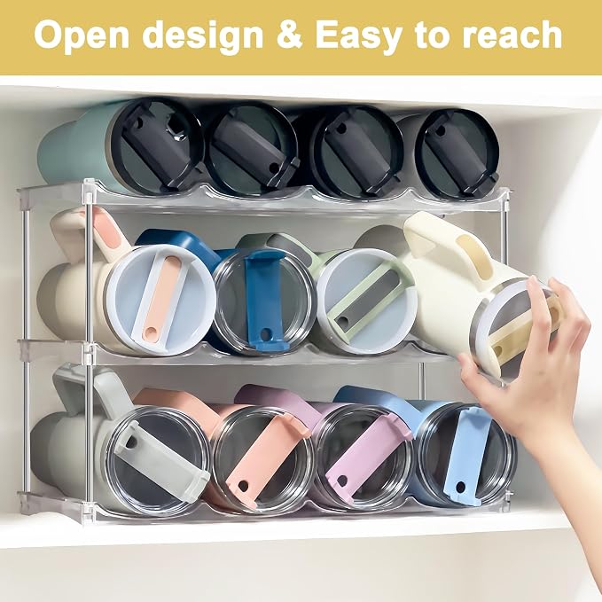 Stackable Water Bottle Organizer for Cabinet - Acrylic Tumbler Organizer Storage Rack for Stanley 40oz, Stanley Cup Holder, Pantry Kitchen Organizers and Storage for Stanley Cup, Holds 12 Bottles