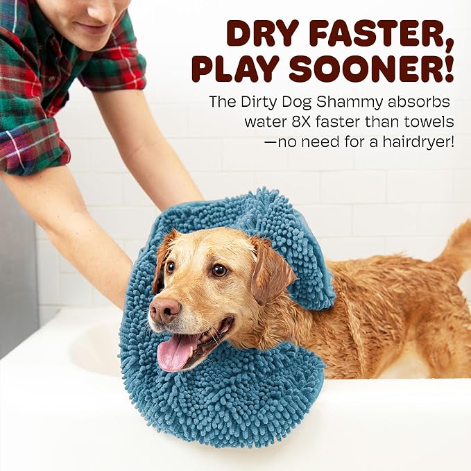 Dog Gone Smart The Dirty Dog Shammy - 2-Pack, Antimicrobial Microfiber Dog Towel for Odor Control, Fast-Drying Plush, Dual Hand Pockets & Super Absorbent, Machine Washable - 31 x 13 in, Pacific Blue