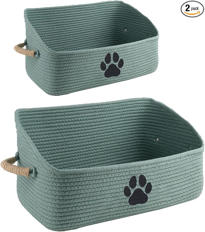 2 pack Woven Dog Toys Basket, 100% Cotton Rope Dog Toy Box for Living Room Area, Trapezoid Pet Toys Bin with Sturdy Handle, Puppy Bed, Green Baskets for Pet Toys/Collar/Leash/Blanket