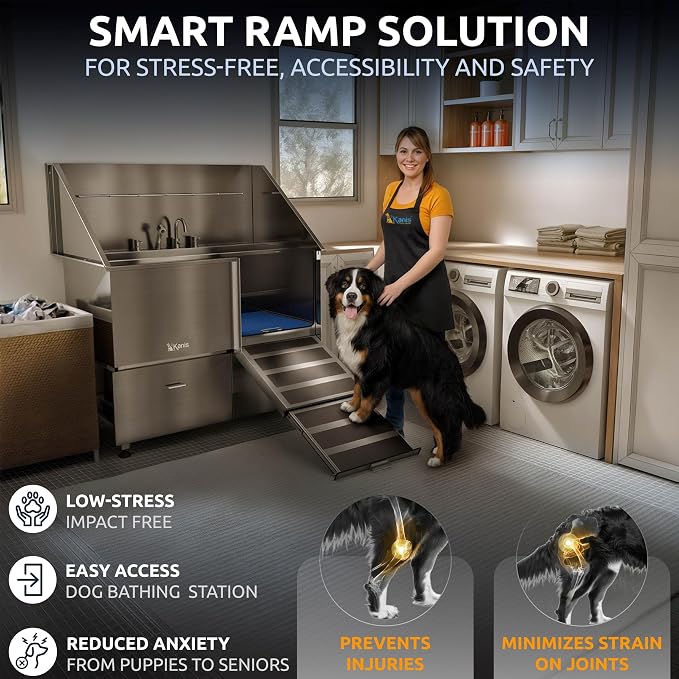 Professional Dog Washing Station 304 Stainless Steel Pet Wash Sink | Grooming Bathtub w/Shower, Floor Grates and Storage for Large, Medium & Small Pets