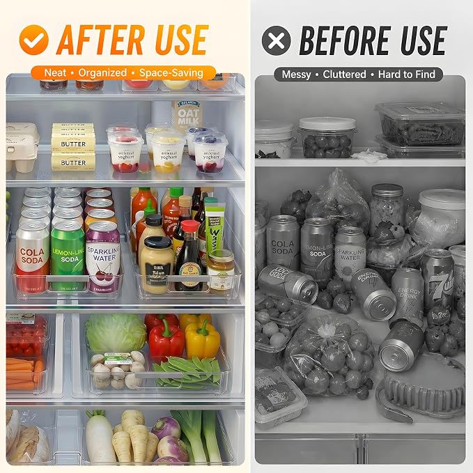 2 Pack Profile Fridge Organizer Bins with Wheels, 2.3'' Low Clear PET Roll Out Refrigerator Trays with 4 Dividers for Soda Cans, Drinks, Snacks and Pantry