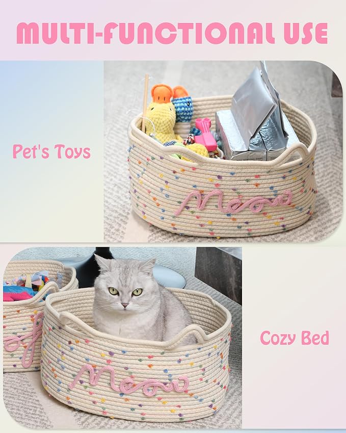 Sea Team Cat Toy Storage Basket with Handles and Ears, Rainbow Meow | Large Cotton Rope Storage Bin, Shelf Basket, Organizer for Pet Chew Toys, Foods, 16.5 x 11 x 7 Inches, 4.4 Gallons