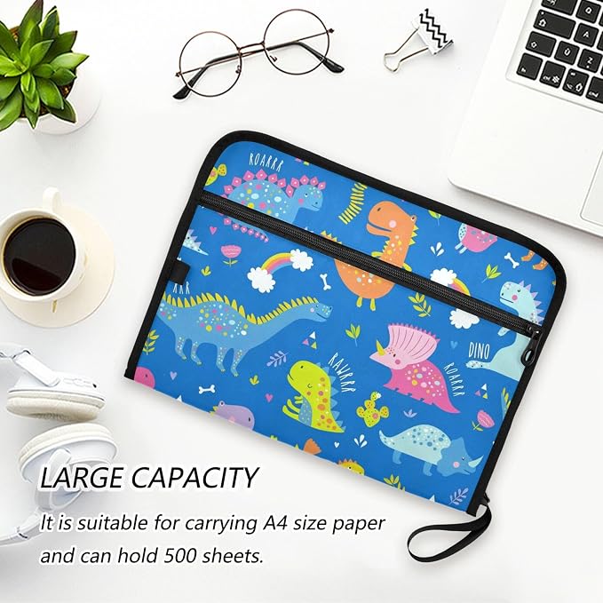Cute Dinosaur Pattern Blue Expanding File Folder with Sticky Labels, 13 Pockets Accordion File Folder Document Organizer Expandable Zip File Folder with Zipper Closure