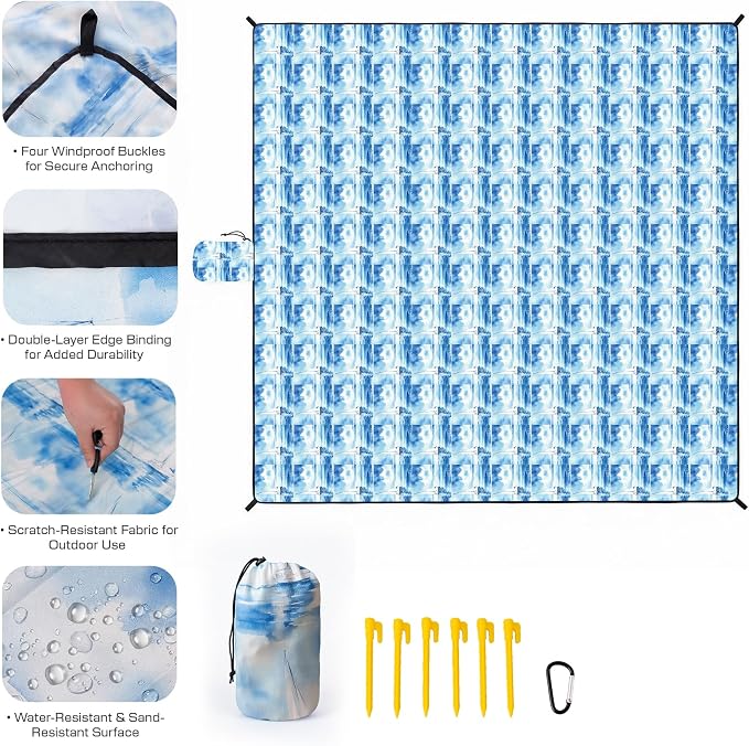 OIGAE Beach Blanket Waterproof Sandproof Oversized Beach Mat | Picnic Mat with Stakes, Storage Bag - Essentials for Outdoor Beach, Picnic,Quick-Dry Lightweight,Windproof Pockets