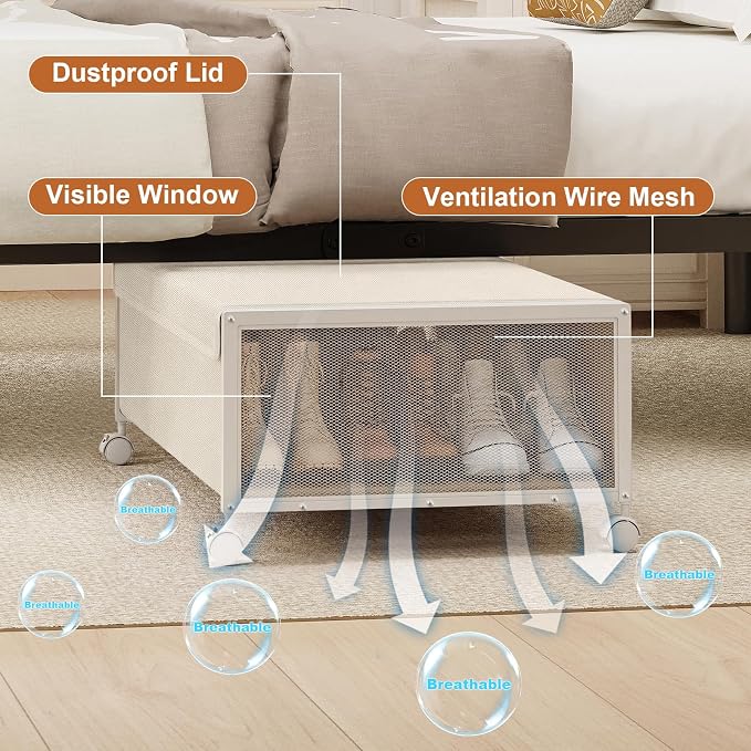 Fokyfok 2Pack Under Bed Storage Containers,10 inch Height,31 inch Long | Under Bed Shoe Storage,Underbed Storage with Wheels,Large Rolling under bed Clothes Storage Drawers,Lid,Dorm Tall,Ivory