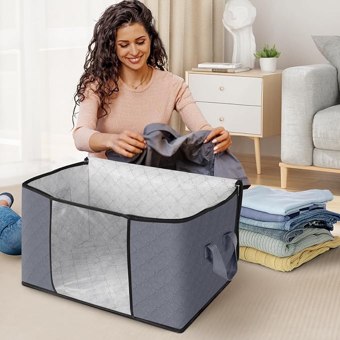 3 Pack Storage Bags for Clothes Blanket Storage Bins with Lids | Foldable Closet Organizers with Zippers,Window and Handles,Fabric Storage Bins for Sweater,Comforter,Bedding,Dorm essentials