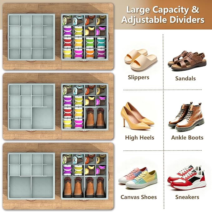 Shoe Organizer for Closet,2 Pack Foldable Shoe Storage Organizer Box Bin with Adjustable Dividers and Clear Cover, Fits up to 16-32 Pairs（Grey）