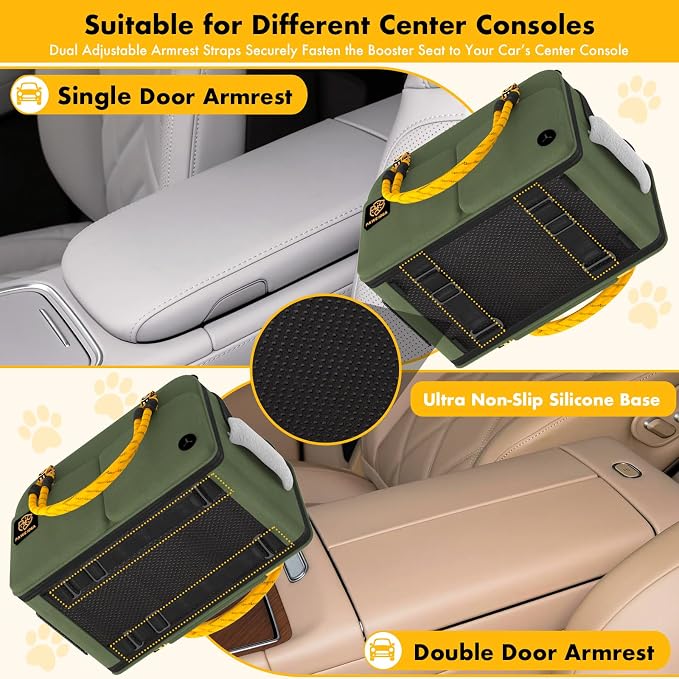 PAWZIDEA Center Console Dog Car Seat, Secure Straps & Anti Slip, Up to 12lb | Enclosed Small Dog Armrest Booster Car Seats, Anti-Collapse Portable Pet Carrier Soft-Sided, Removable Pillow &Storage Pocket