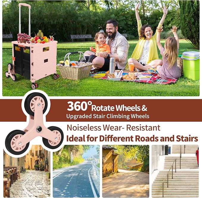 Foldable Utility Cart Collapsible Crate Rolling Carts with Stair Climbing Wheels Rolling Tote Basket Teacher Cart with Lid Wear-Resistant 360°Rotate Wheel Noiseless for Shopping Grocery Office
