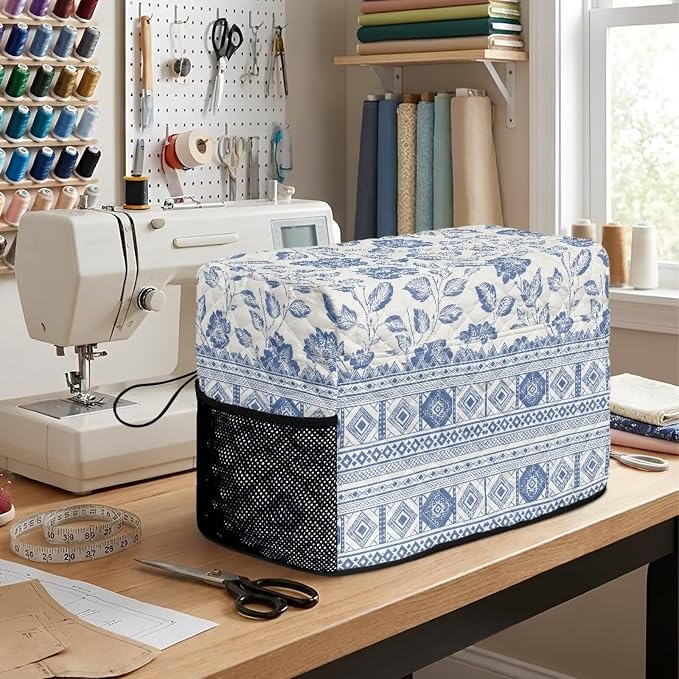 Sewing Machine Cover Polyester Febric Blue White Floral Ethnic | Dust Pet Hair Protection,Quilting Design,Fits Standard Singer,Brother Janome Machines,Protecting Decorating Your Sewing Space