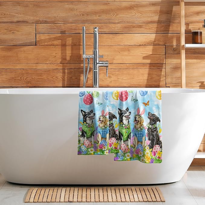 Giwawa Easter Dog Hand Towel Set of 2 Colorful Eggs Hunt Towel Spring Floral Funny Puppy Quick Drying Soft Dish Wash Tea Bar Cloth Decoration for Hotel Bathroom Gym Home
