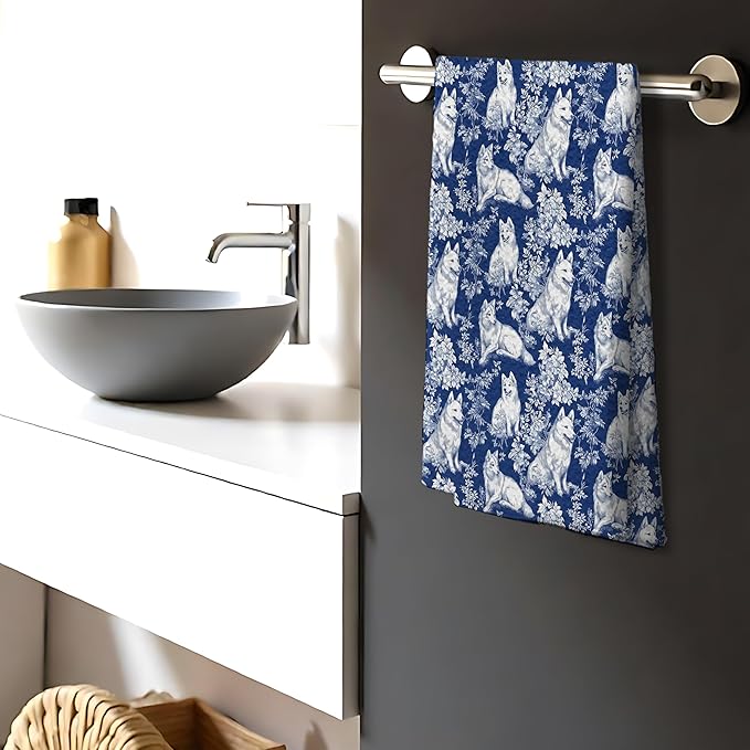 Siberian Husky Dog Gifts for Blue Chinoiserie Floral Decor Kitchen Towels，Blue and White Grandmillennial Husky Dog Decorative Dish Tea Towels for Bathroom,16x24 Inch