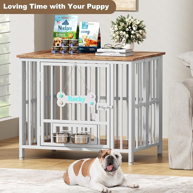 Easycom 31" Dog Crate Furniture Foldable, No Assembly Decorative Dog Kennel Indoor, Dog Crates for Medium Dogs(20-35 lb), Wooden Dog Cage with Adjustable Bowls and Name Tag, End Table, White & Beech