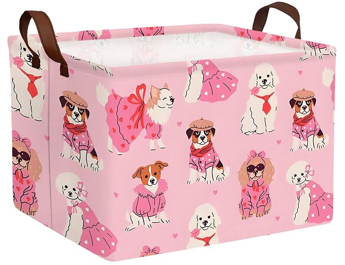 Pink Dog Toy Basket Collapsible Puppy Bin Storage Organizer Large Pet Box With Handles (Girl Dog)