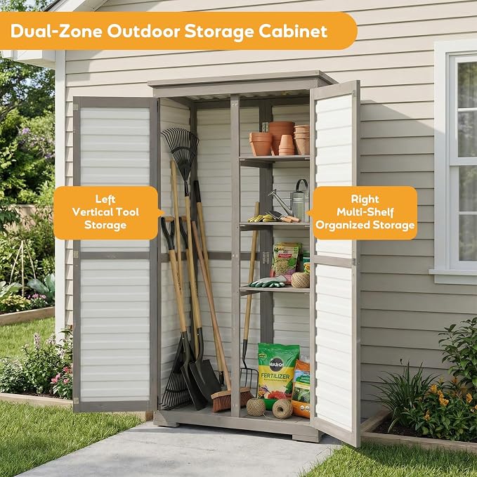 Outdoor Storage Cabinet, Wood & Plastic Garden Shed with Adjustable Shelves | Waterproof Slanted Roof, Rustproof Plastic Panels, Lockable Magnetic Doors, Leveling Feet, White, for Patio, Backyard, Garage