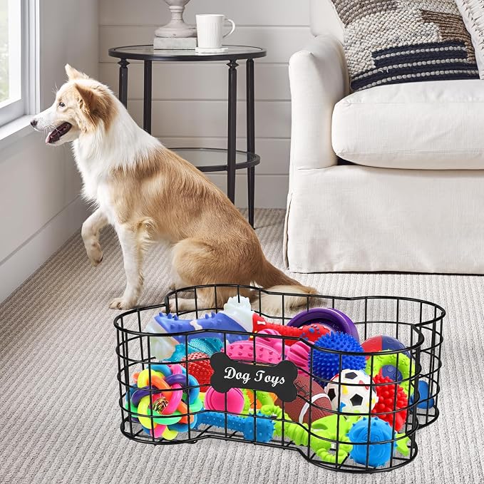 Metal Dog Toy Basket,Iron Wire Dog Toy Bin,Dog Bone Shaped Basket,Puppy Toy Stuff Organizer,Sturdy Dog Storage for Dog Toys,Harness,Leash,Blanket,Snacks,Accessories-Black