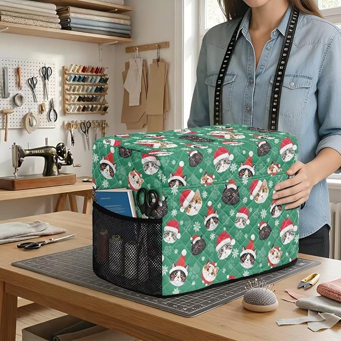 Sewing Machine Cover Polyester Febric Christmas Santa Cat Print | Dust Pet Hair Protection,Quilting Design,Fits Standard Singer,Brother Janome Machines,Protecting Decorating Your Sewing Space
