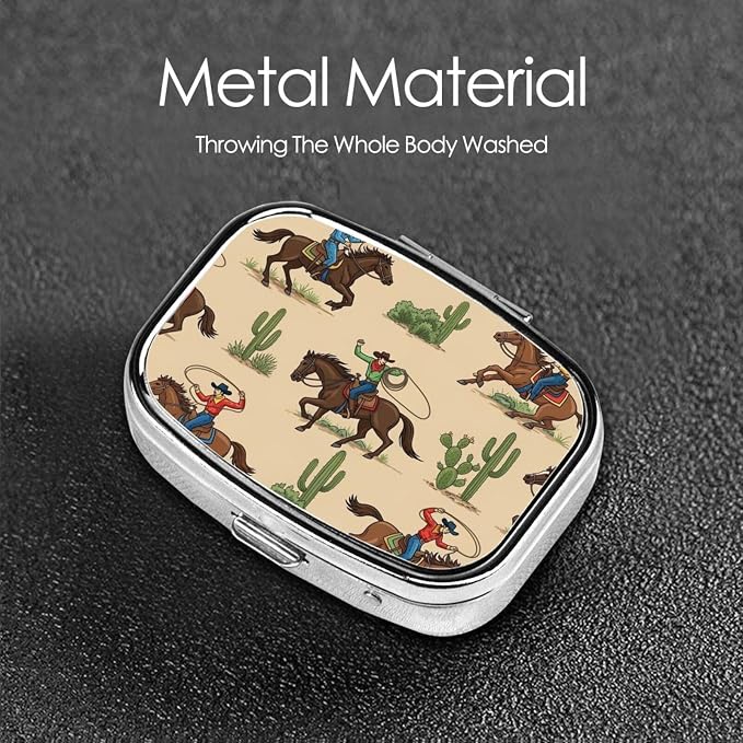 Western Desert Cowboy Riding Horses Pill Box 2 Compartment Medicine Pill Case Portable Pill Box for Pocket or Purse Pill Box