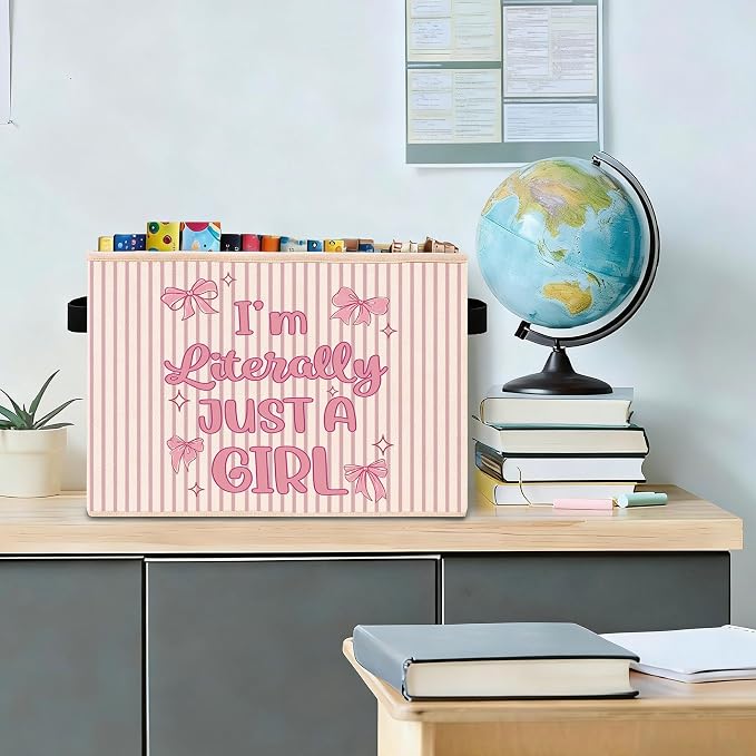 Just A Girl Storage Bin, Pink Bow Coquette Stripe Fabric Basket | Foldable collapsible fabric organizer for girls room, dorm room, nursery, bedroom, toys, books, clothes