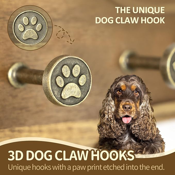 MTERSN Acacia Wood Dog Leash Holder Wall Mount with 3D Paws Hooks, Brown | Dog Bone Shape Dog Leash Holder for Wall, Key Holder Wall Mount, Cute Stuff for Pet Lover Gifts, Leash and Key Holder