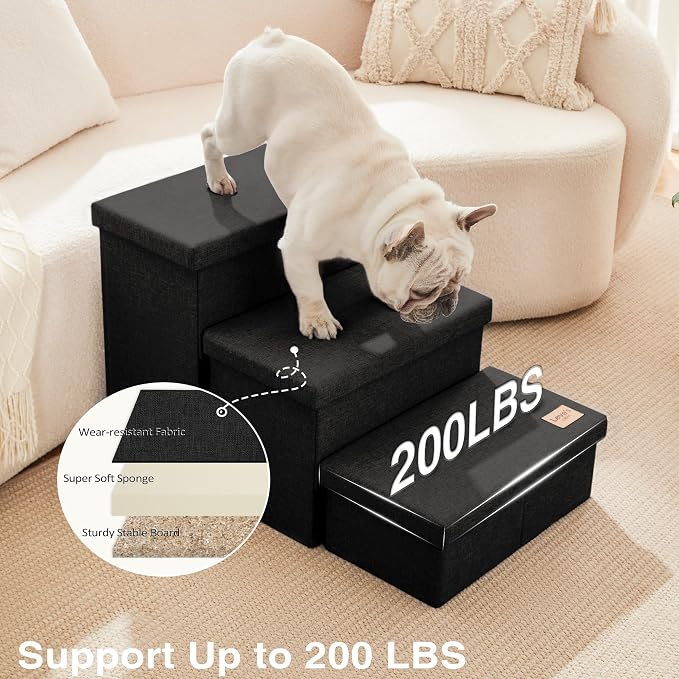 Love's cabin Dog Stairs for High Bed, Foldable Pet Stairs for Small Medium or Large Dogs Puppy with Storage for Bed or Couch, Cat Dog Steps Ramp with Zip up to 200 lbs, Black, 3 Steps