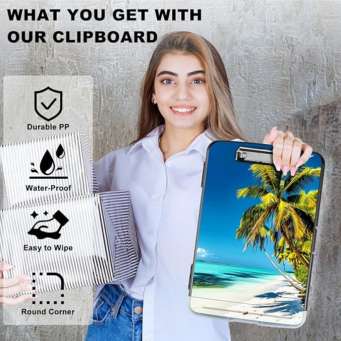 Blue Beach Palm Tree A4 Clipboard with Storage Pen Holder, Clipboards Organizer Nursing Clipboard Foldable File Folder Plastic Clipboard Folio Clip Board for Office Students Classroom