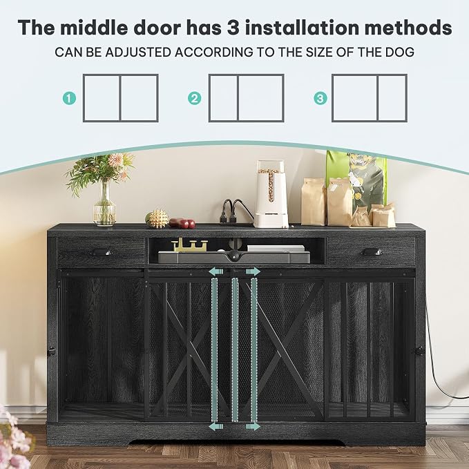 YITAHOME 63" Double Dog Crate TV Stand with Power Outlet for 2 Dogs | Heavy Duty Wooden Cage, Dog Kennel Indoor Furniture Double Sliding Barn Door Design Ideal for 2 Dogs, Dark Grey