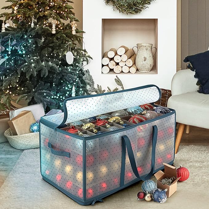 Large Christmas Ornament Storage Box With Adjustable Dividers - Plastic Ornament Storage Container For 128 Holiday Ornaments or Decorations - By Hearth & Harbor