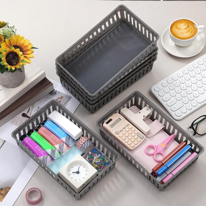 Boao 48 Pieces Plastic Baskets for Organizing 10.24 x 6.5 x 2.36 Inch Rectangular Storage Trays Plastic Organizer Bins Rectangle for Classroom Organization(Gray)
