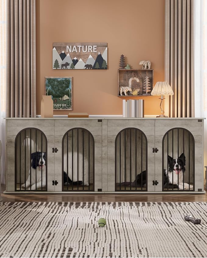 Hzuaneri 86.6" Double Dog Crate Furniture, Dog Kennel Indoor with Cushion | Heavy Duty Dog Crate Furniture for 2 Dogs,Dog Cage End Table TV Stand with Divider for Med-Large Dog,Greige Black DFC84005BV1