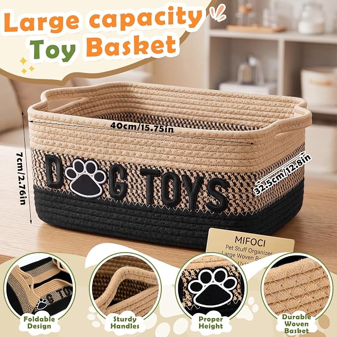 Large Dog Toy Basket with Handle, Quality Cotton Rope Dog Toy Bin | 17"x13"x7" Woven Baskets for Organizing, Large Pet Toy Storage Organizer for Accessories Coat Clothing Blanket Leash