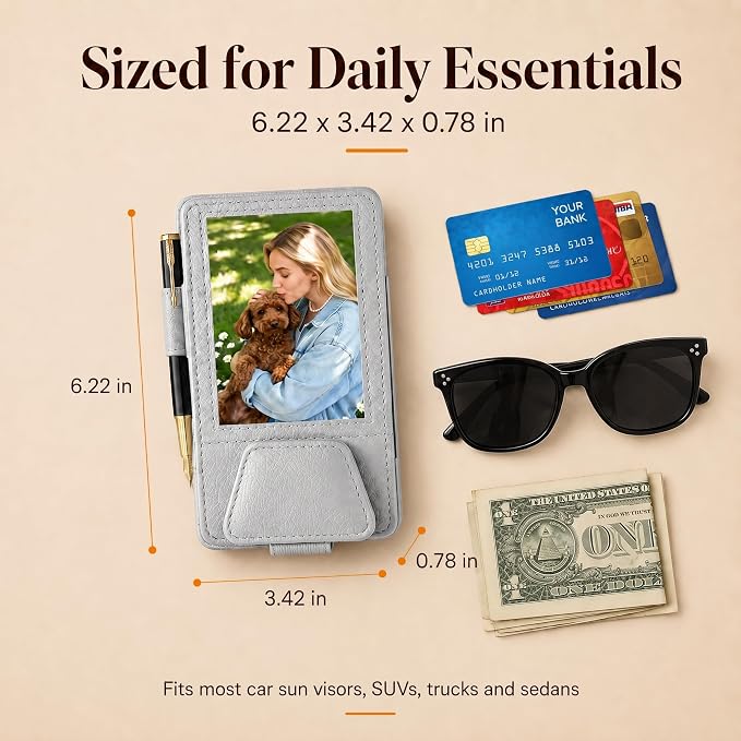 HOLDCY Car Visor Organizer with Registration Holder and Sunglasses Clip | Grey PU Faux Leather With Photo Window, Flip-Open Card Storage, Slim Profile And Tool-Free Setup; 1 Piece