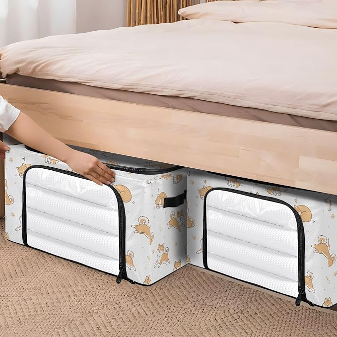 Cute Pets Dogs White print Under Bed Storage Containers with Double Zipper Openings, Foldable Clothes Storage Bins with Clear Window and Handles for Bedding Comforters Blankets