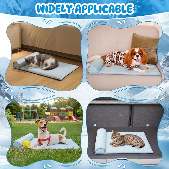 DoubleFill 4 Pack Cooling Pet Mats 15.7" x 23.6" Cooling Dog Beds with Supportive Pillow Self Ice Washable Cool Pads Summer Cat Sleeping Pad with Storage Bag for Summer Crate Floor (Small, Blue)