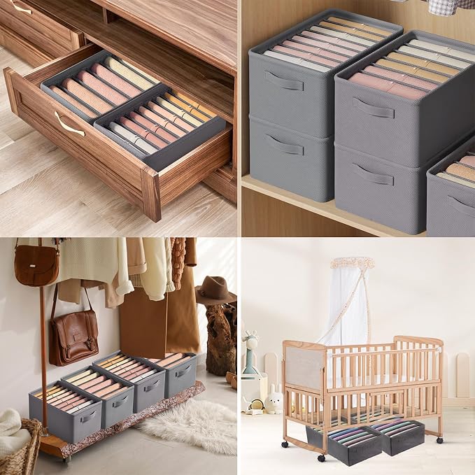4Pcs Large Wardrobe Clothes Organizer, 6/9 Grids Foldable Jeans Closet Drawer Organizer Storage Box with Handles for Pants, T-shirts, Sweater, Scarves, Bras (17.3"x11.8"x7.9")