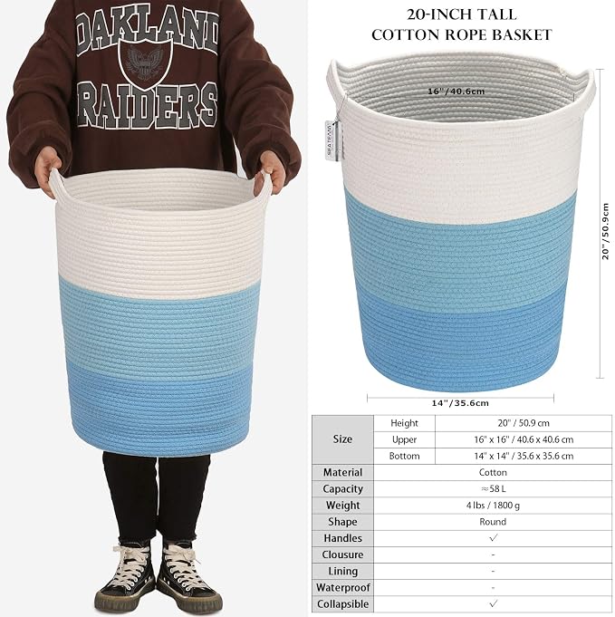 Sea Team Large Woven Cotton Rope Laundry Basket with Handles, 20 x 14 in | Collapsible Knitted Hamper, Closet Shelf Organizers, Containers for Clothing, Blankets, Toys, Bedding, Blue