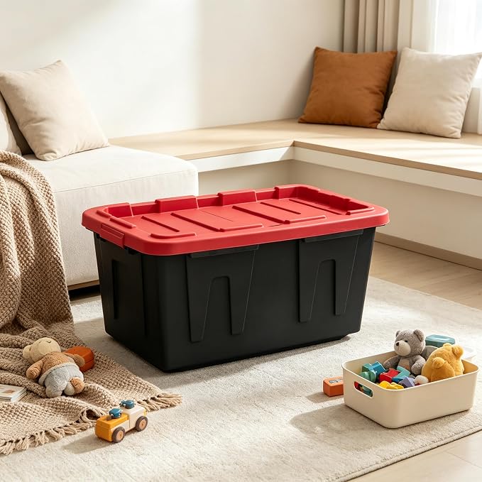 4 Pack 27 Gallon Large Storage Bin with Snap Lid, Black and Red, Heavy Duty Plastic Storage Container