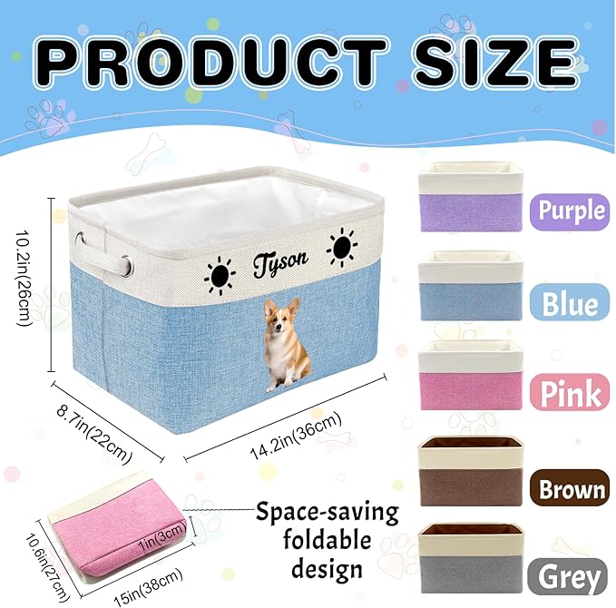 Personalized Dog Toy Storage Basket Bin with Name Photo Custom Pet Collapsible Organizer Box Container for Toys Coats Clothing Blankets
